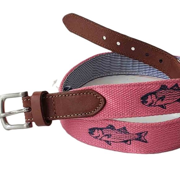 New Vineyard Vines Canvas and Cowhide Leather Belt Pink Blue Fish Men's Size 30 - Picture 2 of 2